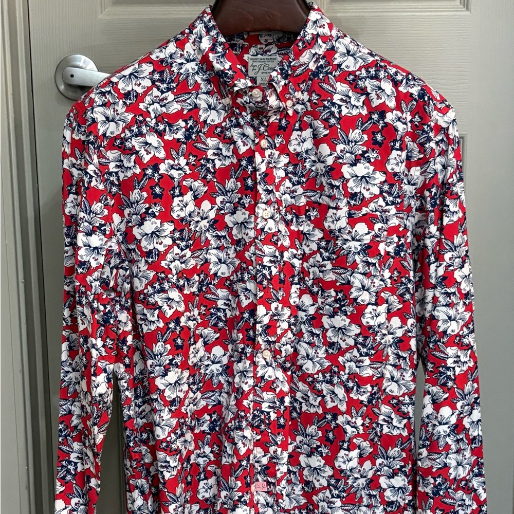 Floral Red and White XL Slim Cotton Men's Shirt